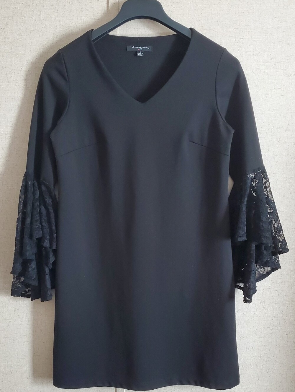 Sharagano Black Long Sleeve V-neck Dress with Lace Ruffle Bell Sleeves